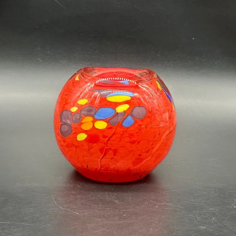 Paperweight Candle Holder Bohemian Art Glass Handmade Red Rainbow Czech READ - Picture 1 of 12